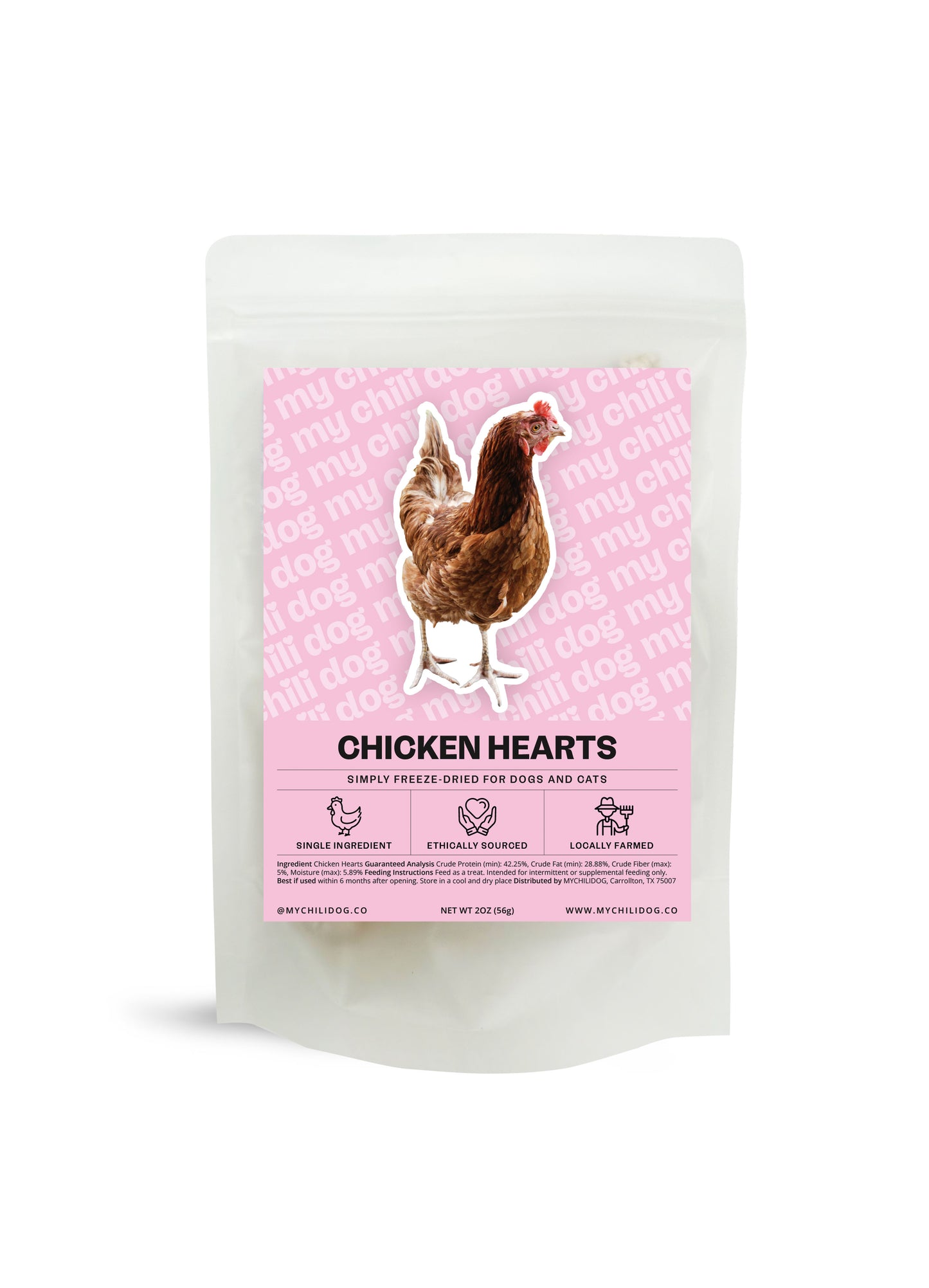 Package of freeze-dried chicken hearts for dogs and cats