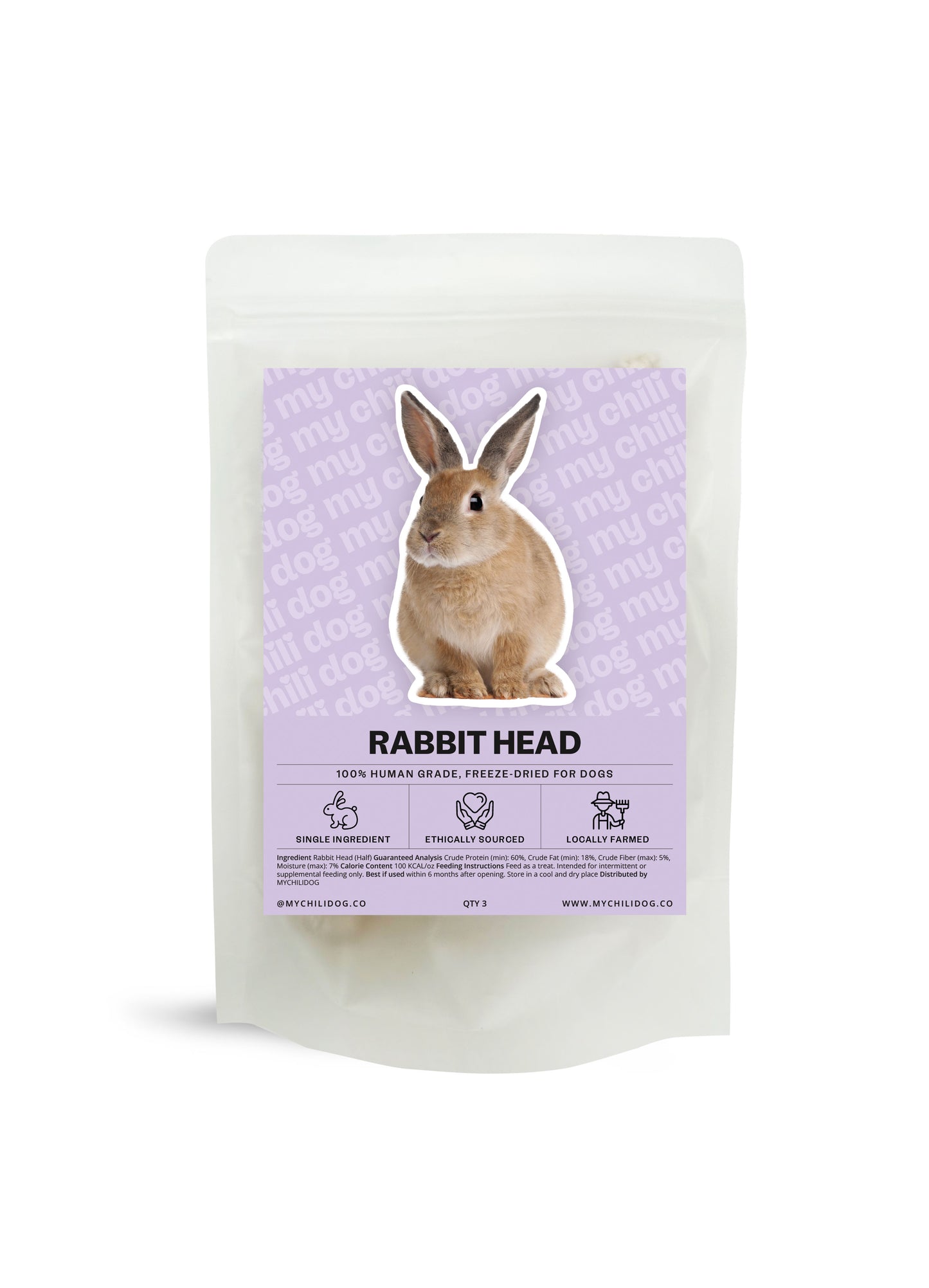 A package of freeze dried rabbit head