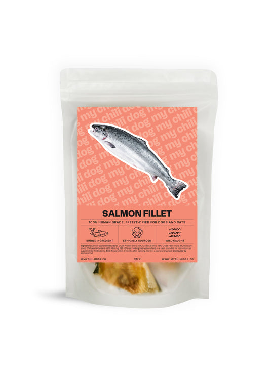 Package of freeze dried salmon fillet for dogs and cats